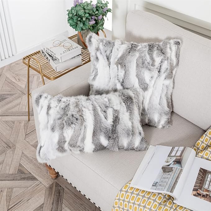 Home Living Room Decorative Rabbit Skin Fur Cushion Cover Throw Pillow Covers Case Luxury Rabbit Hide Fur Pillowcases Cushion Cover Soft Throw Cases for Bedroom Grey 40×40CM（16in×16in）