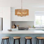 20“ Hand-Woven Rattan Chandelier Vintage Farmhouse Boho Bamboo Golden Chandelier Light Fixture Retro Drum Wicker Gold Chandeliers for Dining Room, Kitchen Island, Living Room