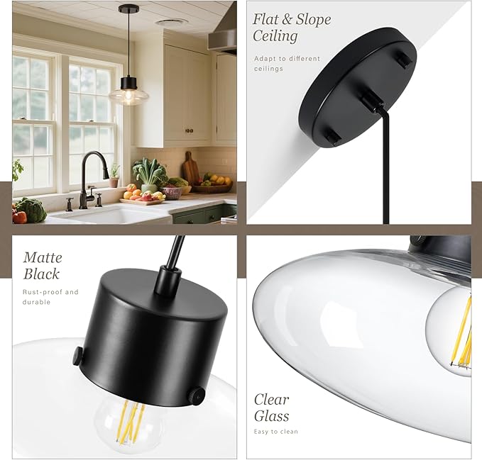 Glass Pendant Lights Kitchen Island, 1-Light Black Modern Pendant Light with Clear Glass, Mini Hanging Ceiling Lighting for Kitchen Sink Bathroom Bedroom, Adjustable Cord, OS-JJ1513-1PBK