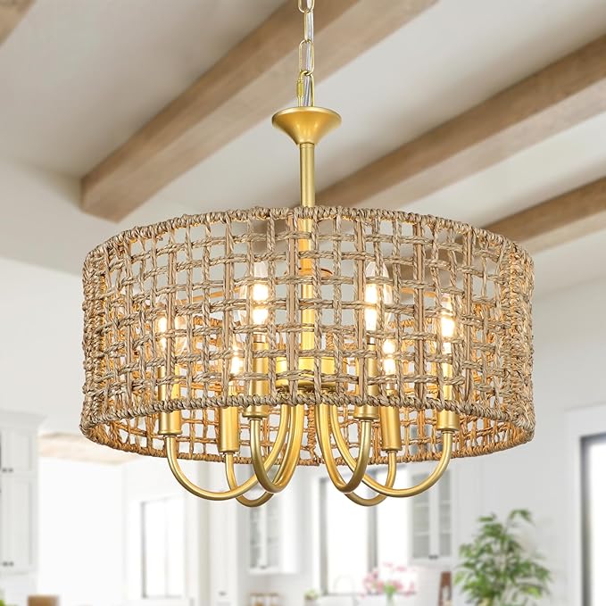 LynPon 17.7" Gold Rattan Chandelier Light Fixture, 6 Lights Boho Rattan Light Fixture with Hand Woven Wicker Shade, Farmhouse Vintage Chandelier for Dining Room Living Room Kitchen Bedroom Entryway
