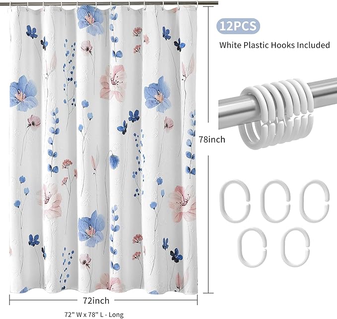 QIYI Long Shower Curtain 72 x 78, Modern Watercolor Floral Bath Curtain, 3D Embossed Butterflies Blue Flower Cloth Bathroom Curtains, Waterproof Fabric Farmhouse Textured Shower Curtain Set with Hooks