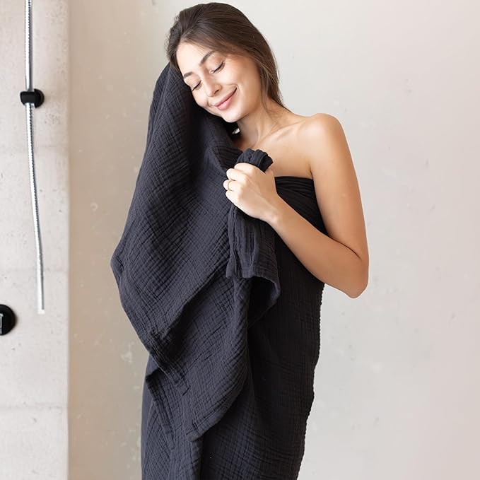 Ultra Soft Muslin Towel Adult Set, 100% Turkish Cotton 4-Layer 2 Pieces Luxury Muslin Hand & Bath Towels Sets for Bathroom (Black, 1 Bath & 1 Hand Towel Set)