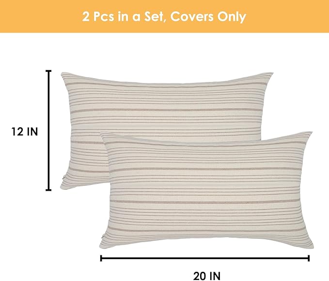 Tan Pillow Covers Farmhouse Linen Throw Pillow Covers Striped Outdoor Decorative Square Throw Pillows for Couch Sofa Bed 12x20 in Pack of 2 Cream and Beige