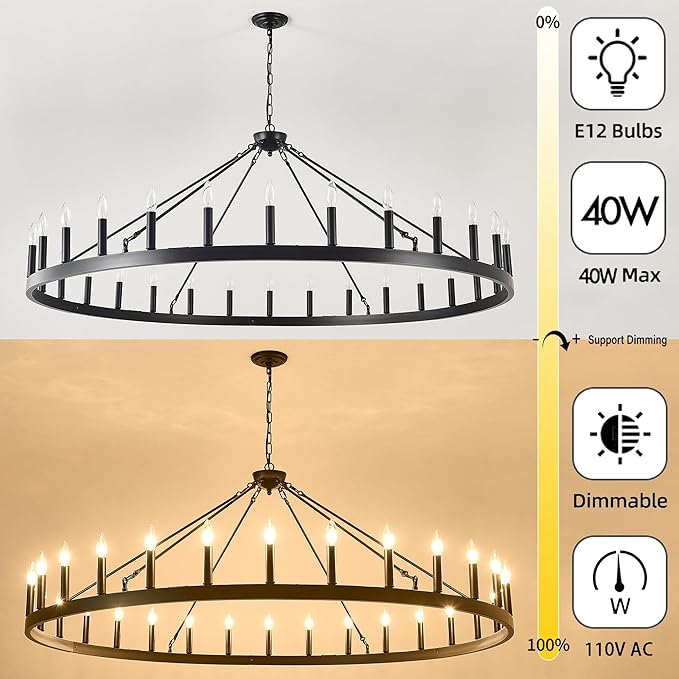 Large black wagon wheel chandelier 64 inch,30-Light Farmhouse wagon Wheel Chandeliers Round Industrial ceiling light fixtures for outdoor porch high ceilings Living Dining Room Foyer Entryway