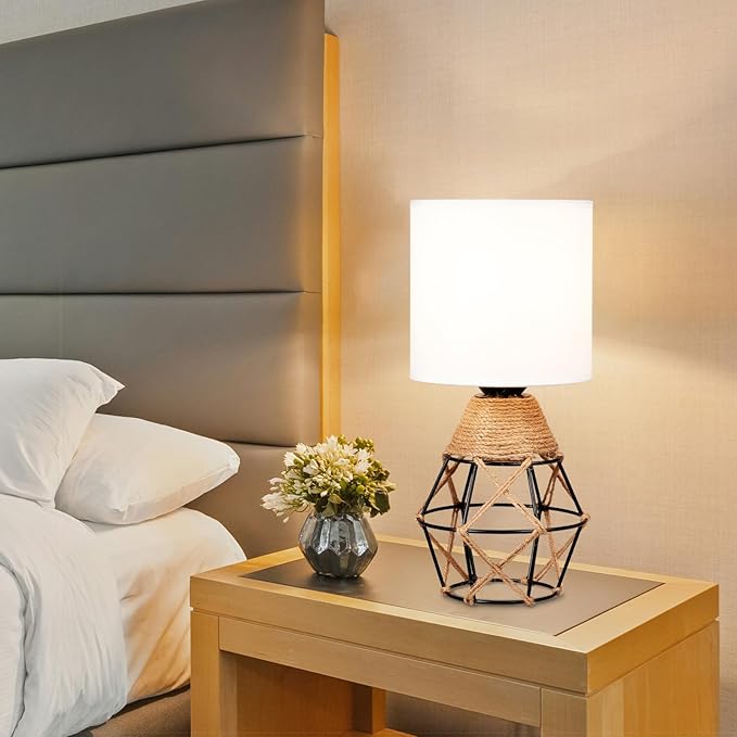 Hamilyeah Table Lamps Set of 2, Woven Nightstand Lamps With On/Off Switch, Farmhouse Bedside With White Fabric Shade, Modern Simple for Bedroom, Living Room L6.2*W6.2*H13.1inch