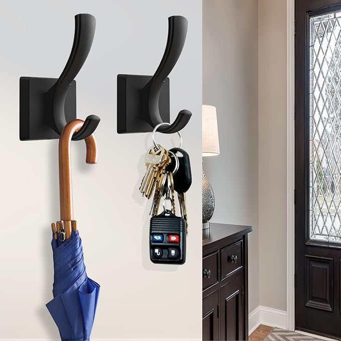 Black Hooks for Wall Towel Hooks, Heavy Duty Thick Aluminum Alloy Entryway Coat Hooks for Hanging Key Robe Hat Backpack, Wall Mount Towel Hooks Bath Kitchen Garage Hooks(4 Pack, Black)