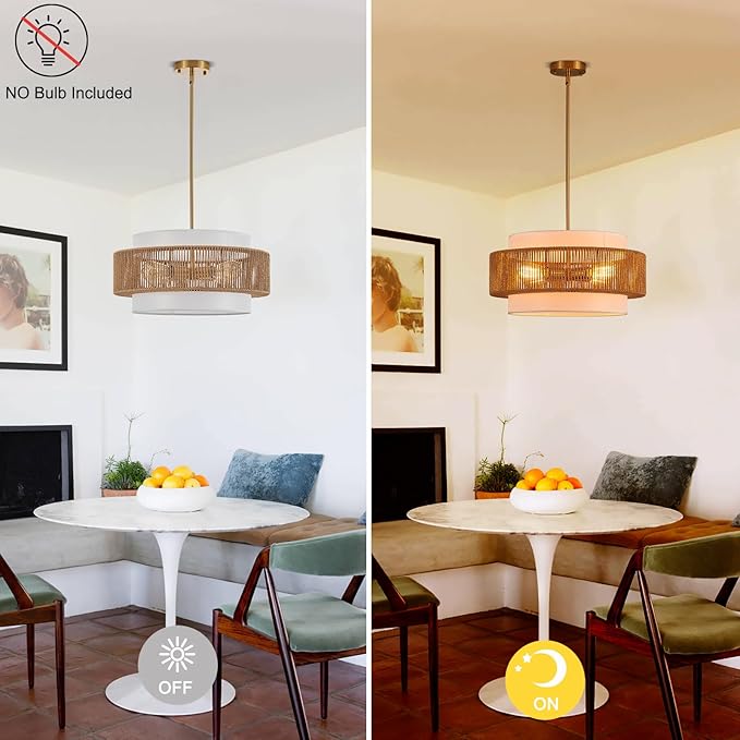 19.7" Rattan Chandelier with Linen Modern Boho Hand Woven Bamboo Chandelier Light Fixture Retro Farmhouse Drum Wicker Rattan Golden Chandeliers for Dining Room, Kitchen, Living Room,Foyer