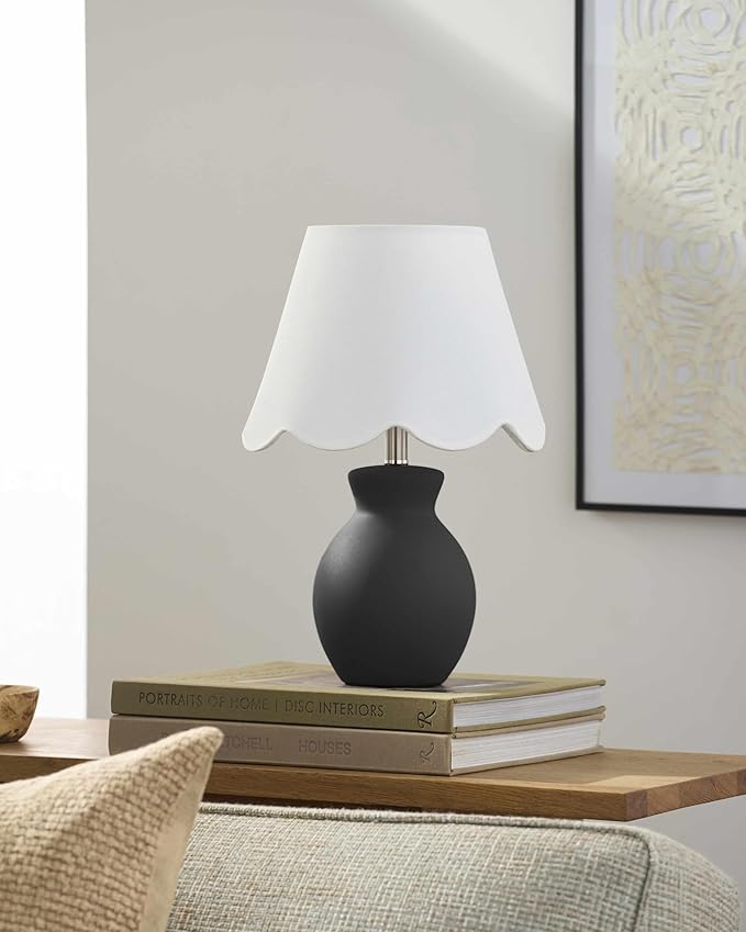 BoutiqueRugs Liliac Boho Ceramic Bedside Table Lamp for Bedroom Nightstand - End Side Lighting for Living Room - Shade Cotton - White, Black - 15" H