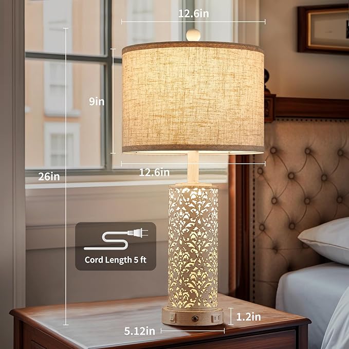26" Set of 2 Farmhouse Table Lamp, 3-Way Dimmable Touch Control with Nightlight, 2 USB Ports + AC Outlet Vintage Rustic Bedside Lamp for Living Room Bedroom and Nightstand (White-2 Pack)