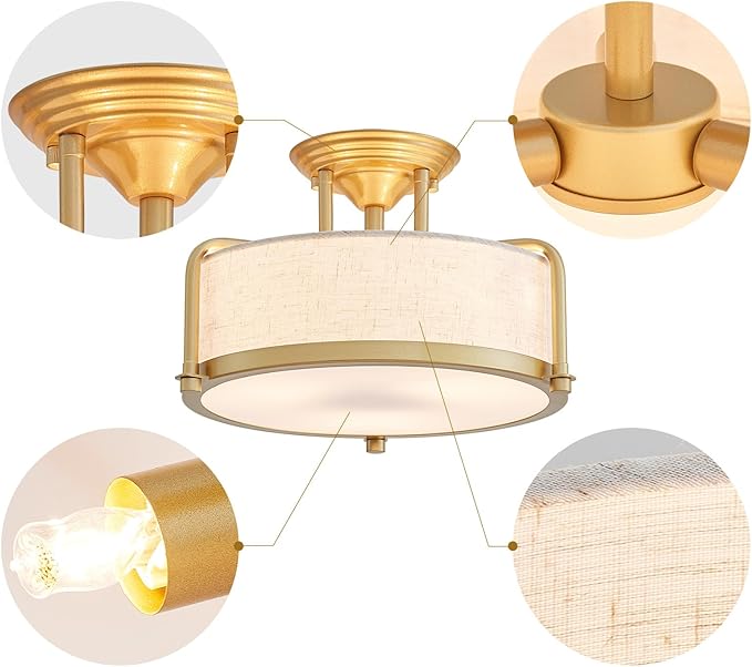 Modern Drum Ceiling Light, Semi-Flushmount Close to Ceiling Light Fixture for Living Room, Bedroom, Dining Room,Kitchen, D13 x 8 in, Linen Fabric Shade & Gold Finish Metal Frame