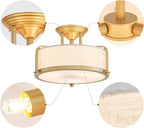 Modern Drum Ceiling Light, Semi-Flushmount Close to Ceiling Light Fixture for Living Room, Bedroom, Dining Room,Kitchen, D13 x 8 in, Linen Fabric Shade & Gold Finish Metal Frame