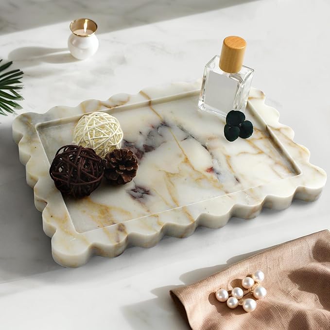 Genuine Calacatta Viola Scalloped Marble Tray, Real Natural Marble Stone Tray, Luxury Decorative Trays for Bathroom, Dresser, Vanity, Kitchen, Home Decor, 10.6" x 8", Calacatta Gold