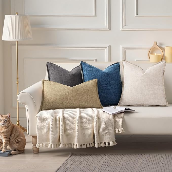 decorUhome Decorative Outdoor Throw Pillow Covers 18x18 Set of 2, Square Linen Farmhouse Euro Pillow Covers with Stitched Edge, Rustic Neutral Pillow Covers for Couch, Sofa, Living Room, Dark Grey