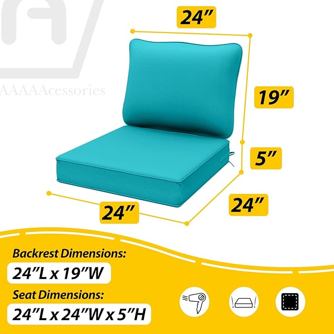 AAAAAcessories Outdoor Deep Seat Cushions, Waterproof, Fade-Resistant Patio Furniture Replacement Cushions, Set of 2, 24" x 24" x 5", Turquoise Blue