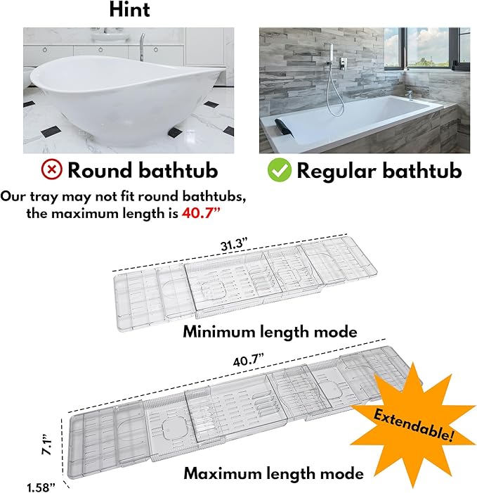 (Extended Edition) Expandable Bathtub Tray for Tub, Clear & Easy Maintenance Acrylic Bath Organizer for Relaxing Spa, Bath Tub Caddy Tray Fits Most Bathtubs and Bathroom Décor Style