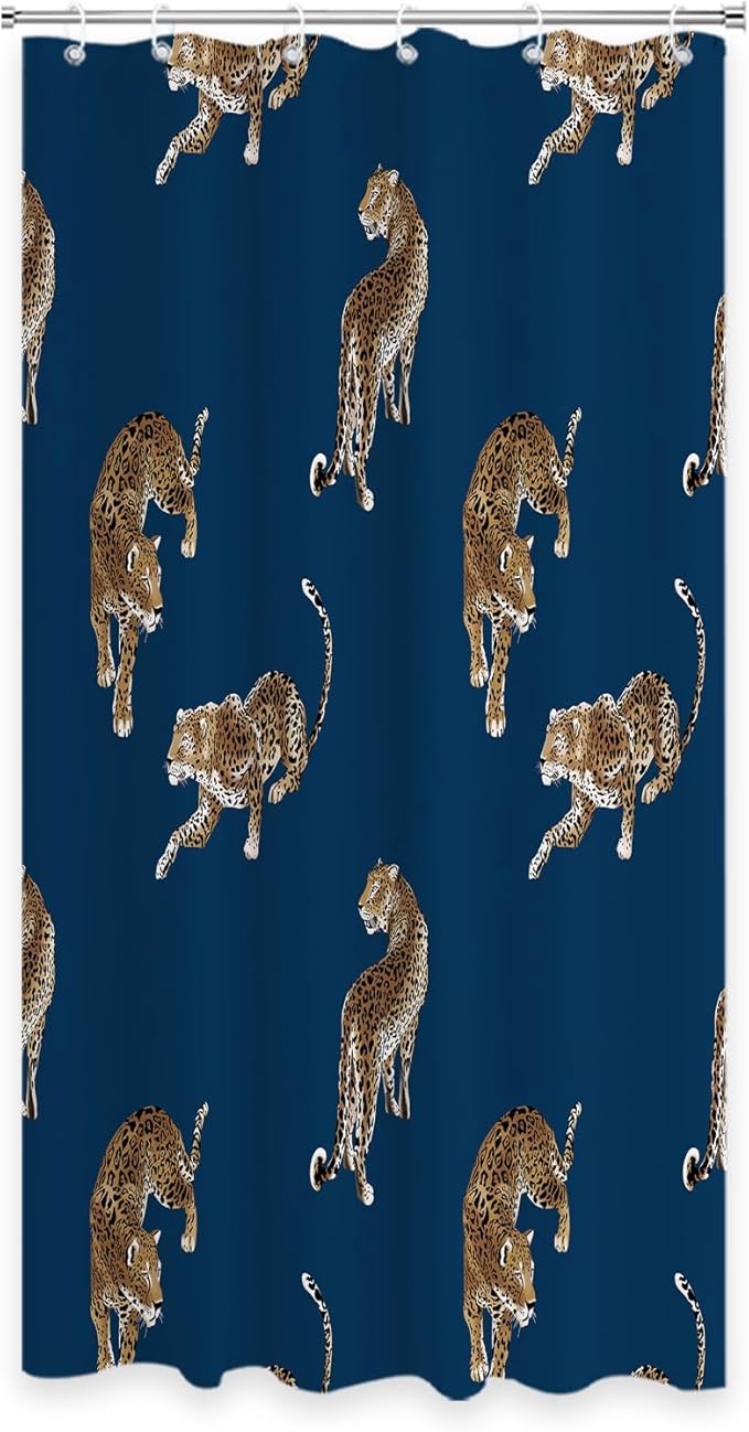Boho Leopard Cheetah Shower Curtain Theme Bathroom Bathtubs Fabric Tropical Forest Wildlife Animal Shower Curtain Set with 12 Hooks 36 x 72 inches Polyester Machine Washable, Brown Black and Blue