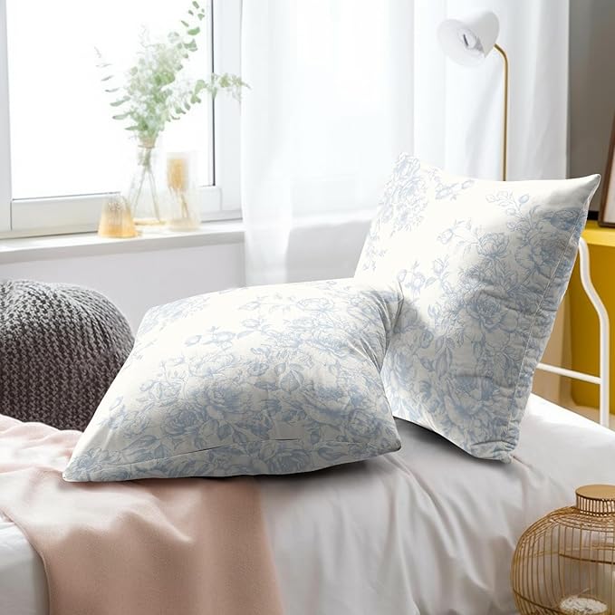 Chinoiserie Flowers Throw Pillow Covers 20x20 Inch Set of 2, Vintage Floral Blue White Decorative Square Cotton Cushion Cover Pillowcases for Home Couch Sofa Bed Outdoor Decor