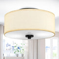 2-Light Flush Mount Ceiling Light Fixture, 12” Modern Close to Ceiling Light with Beige Fabric Drum Shade, Round Pendant Light for Bedroom Hallway Living Room Bathroom Dining Kitchen
