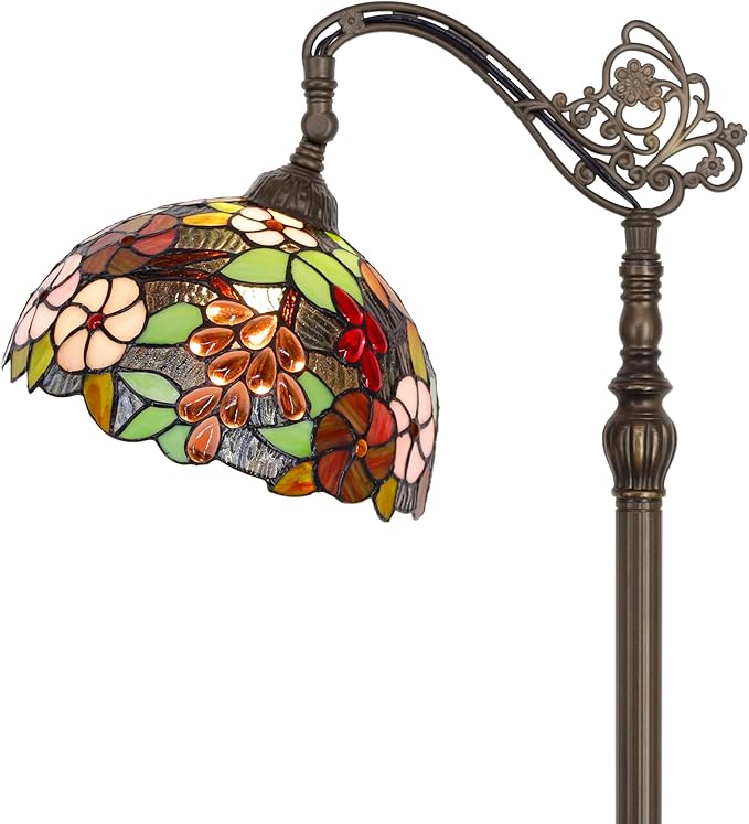 Tiffany Floor Lamp Stained Glass Purple Grape Style Arched Reading Light Gooseneck Adjustable Corner Standing Lamp 12X16X66 Inch for Bedroom Living Room Home Office