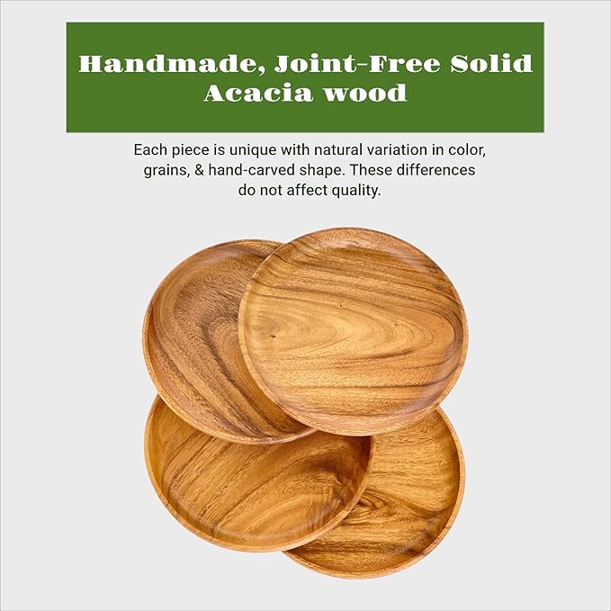 Acacia Wooden Plates – Set of 4, 10” Round Dinner Plates, Rustic Handcrafted Tableware for Charcuterie, BBQ, Farmhouse Dining, or Gift