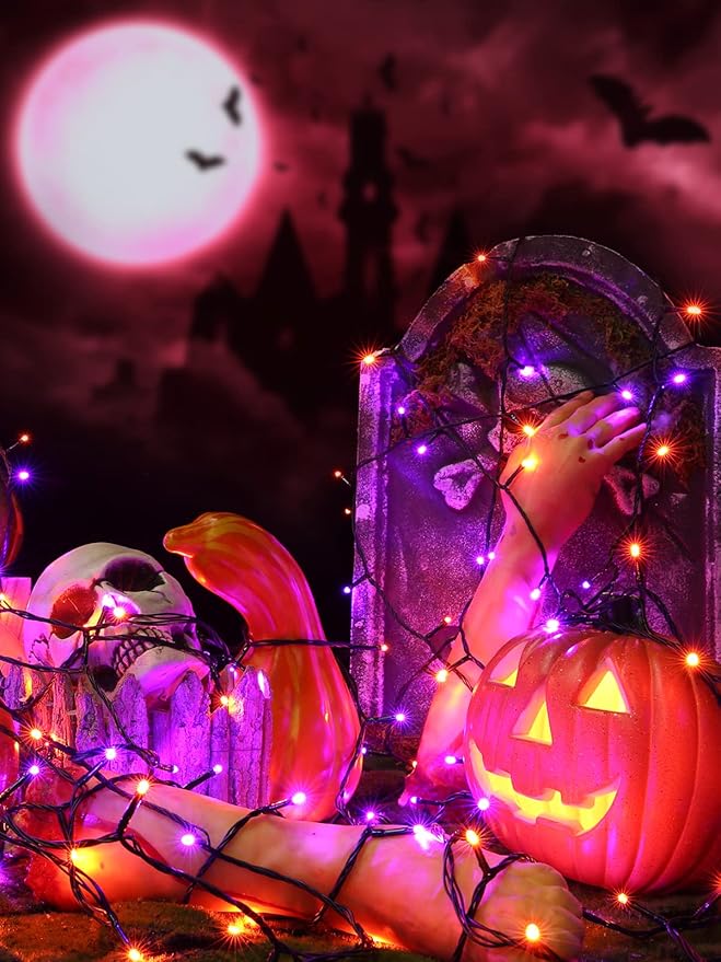 Flacchi 2 Pack Solar Halloween Lights Total 144ft 400 LED 8 Modes Outdoor String Lights Waterproof Solar Fairy Lights for Garden, Patio, Fence, Balcony, Outdoors,Holiday Decoration (Orange & Purple)