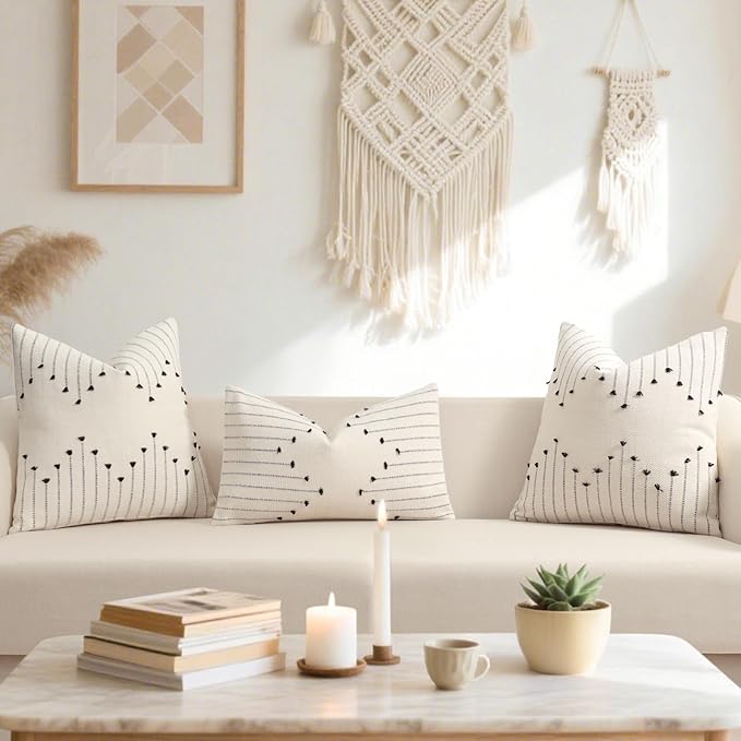 YCOLL Boho Throw Pillow Covers 16x16 Set of 2 Neutral Woven Decorative Pillowcases Cotton Tufted Couch Pillows Modern Farmhouse Accent Cushion Covers for Sofa Couch Bed Living Room Home Decor, Black