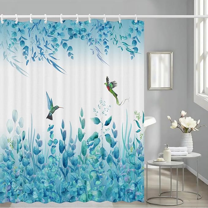 Blue Leaf Shower Curtain, Kingfisher Shower Curtain -72 "W x 72" L with 12 Hooks, Weighted Hem Shower Curtain, Waterproof Bathroom Shower Curtain, Blue Leaf Kingfisher Shower Curtain
