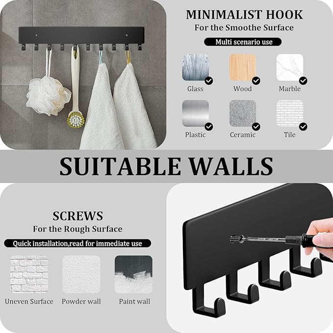 Key Holder Wall Mount with 6 Hooks - Key Rack Organizer for Entryway, Kitchen & Office, Screw-in Mounting 1 Pack 9 Inch