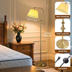 Gold Brass Floor Lamp with Fabric Shade,12W Smart Remote and Bluetooth Dimmable, Standing Lamps for Living Room Bedroom Farmhouse Office,Mid Century Rustic Vintage Antique Boho Tall Reading Light