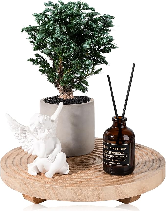 Round Decorative Tray Farmhouse Bathroom Decor Wood Riser Kitchen Countertop Organizer for Perfume, Candle, Plant, 10 inch Burlywood