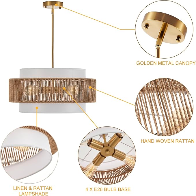 19.7" Rattan Chandelier with Linen Modern Boho Hand Woven Bamboo Chandelier Light Fixture Retro Farmhouse Drum Wicker Rattan Golden Chandeliers for Dining Room, Kitchen, Living Room,Foyer