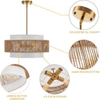19.7" Rattan Chandelier with Linen Modern Boho Hand Woven Bamboo Chandelier Light Fixture Retro Farmhouse Drum Wicker Rattan Golden Chandeliers for Dining Room, Kitchen, Living Room,Foyer