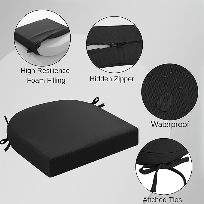 idee-home Outdoor Chair Cushions Set of 4, Thick 19" x 19" x 3" Outdoor Seat Cushions Patio Furniture Waterproof with Ties, Dining Pads