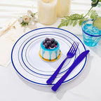 WELLIFE 700 Pcs Blue Plastic Plates for 100 Guests - Plastic Dinnerware Set,Party Supplies Includes 200 Blue Disposable Plates,300 Silverware,100 Napkins,100 Cups