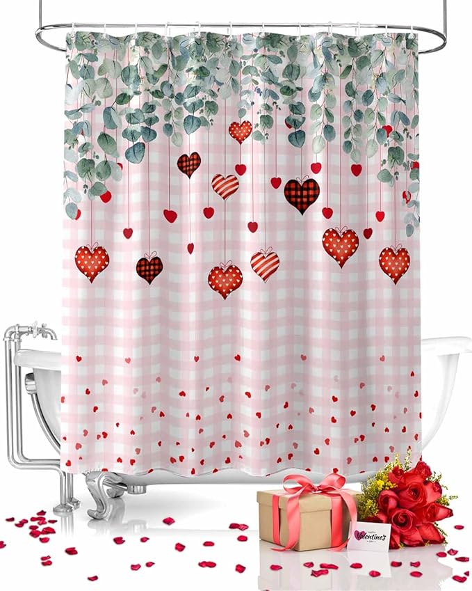 Eucalyptus Love Hearts Valentine's Day Shower Curtain, Pink Buffalo Plaid Shower Curtains Set with Hooks, Waterproof Fabric Bathroom Curtains Decor Home Accessories, Stall Long 36 X 78 Inch
