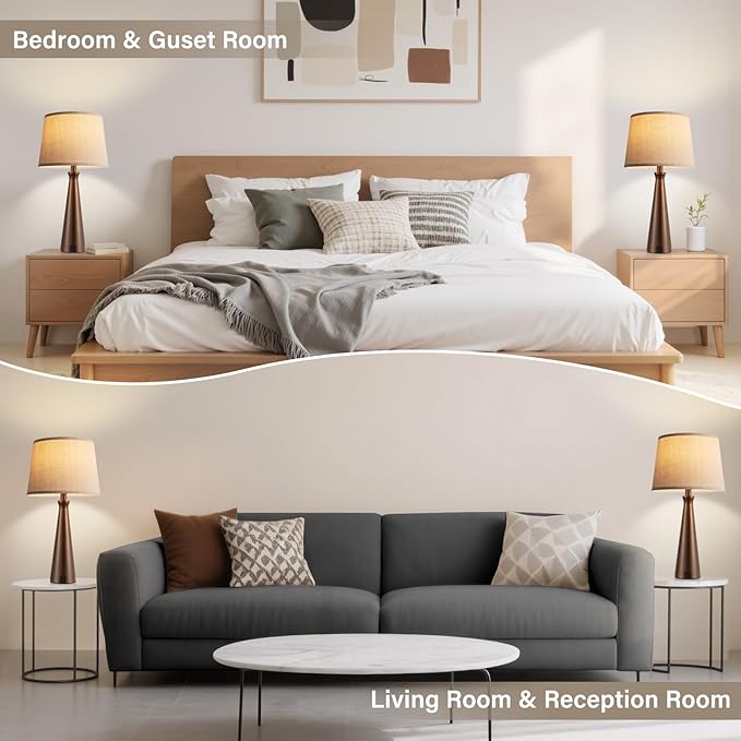 Seealle Modern Table Lamps Set of 2 - Touch Bedside Lamp for Nightstand with USB C+A,3-Way Dimmable Brown Nightstand Lamps for Living Room Bedroom End Table with Oat Shade(Bulb Included)