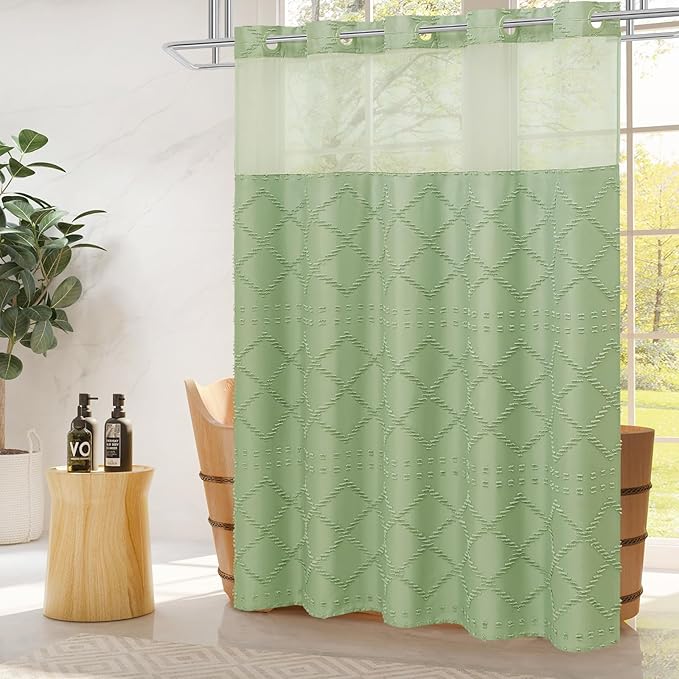 Boho Sage Woven Fabric Shower Curtain 72 x 86 Modern Farmhouse, No Hooks Tufted Chevron Striped Shabby Chic Textured, Minimalist Cloth Curtain for Bathroom, Hotel Decor