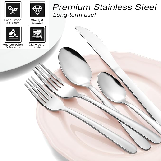 Pleafind 48-Pieces Silverware Set for 8, Flatware Set with Steak Knives, Stainless Steel Cutlery Set, Include Forks Spoons and Knives Set, Dishwasher Safe Utensil Sets for Home Restaurant