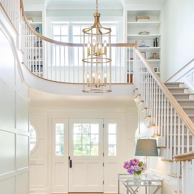 Foyer Chandeliers for High Ceilings, Lantern Tiered Gold Chandelier Light Fixture Metal Modern Farmhouse Pendant Lights for Kitchen Island Entryway Staircase Living Room Dinning Room (Gold)