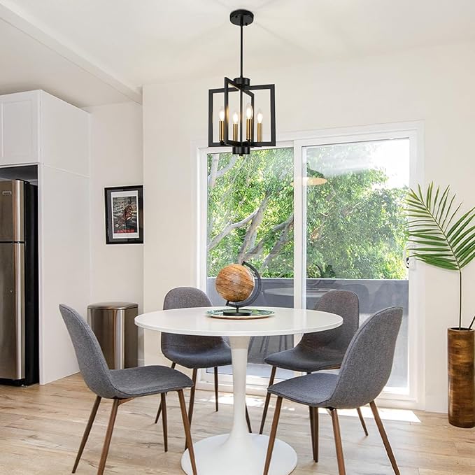 4-Light Farmhouse Chandelier Dining Room, Modern Black and Gold Chandelier For Foyer, Geometric Pendant Light Kitchen Island, Industrial Hanging Light Fixture For Entryway, Kitchen, Bedroom, Stairway