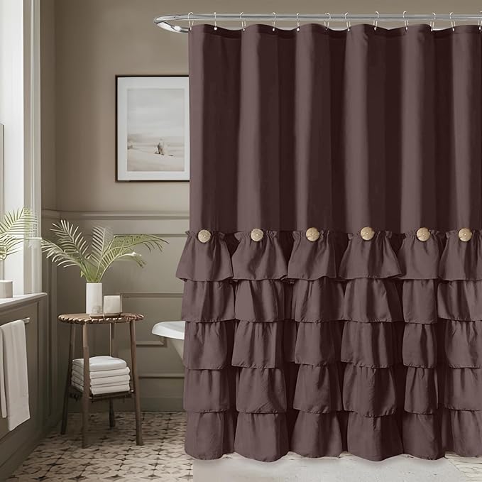 Seasonwood Brown Shower Curtains for Bathroom Dark Brown Ruffle Shower Curtain with Natural Buttons Farmhouse Style Microfiber Fabric Shower Curtains (Brown)