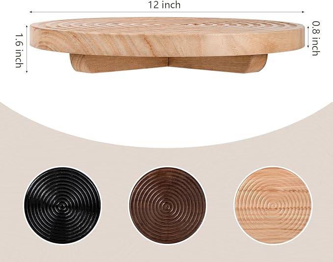 Round Decorative Tray Framhouse Bathroom Decor Wood Riser Kitchen Countertop Organizer for Perfume, Candle, Plant, 12 inch Burlywood