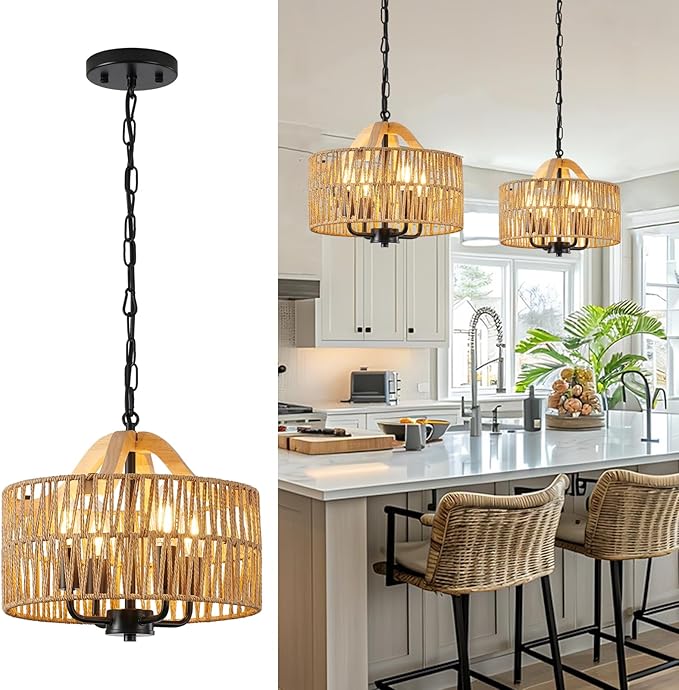12.5” Rattan Pendant Light Fixtures, 4-Light Boho Chandelier with Woven Drum Shade, Farmhouse Dining Room Ceiling Hanging Lamp, Small Wicker Coastal Pendant Lighting for Kitchen Island Hallway