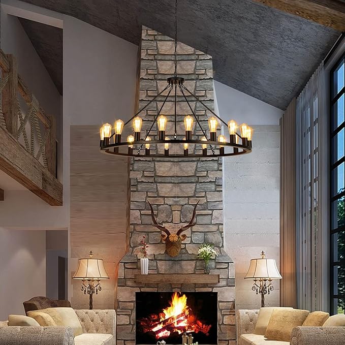 Wagon Wheel Chandelier, Large Black Farmhouse Chandelier for Dining Room Light Fixture, 20-Light 48 Inch Extra Hanging Lighting for High Ceilings Living Room Kitchen Island Foyer Villa
