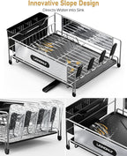 Dish Drying Rack, Dish Racks for Kitchen Counter, Stainless Steel Dish Drainer Drainboard Set with Smart Drainage, 360° Adjustable Spout, Utensil Holder and Cup Holder