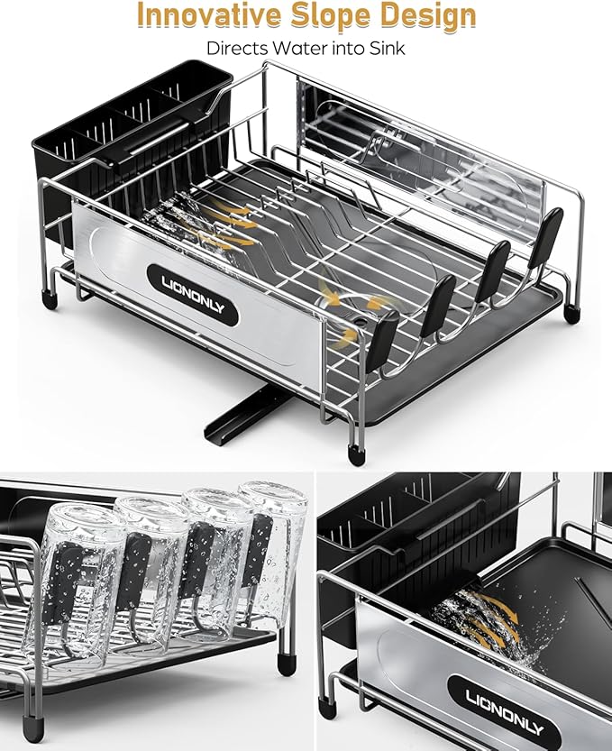 Dish Drying Rack, Dish Racks for Kitchen Counter, Stainless Steel Dish Drainer Drainboard Set with Smart Drainage, 360° Adjustable Spout, Utensil Holder and Cup Holder