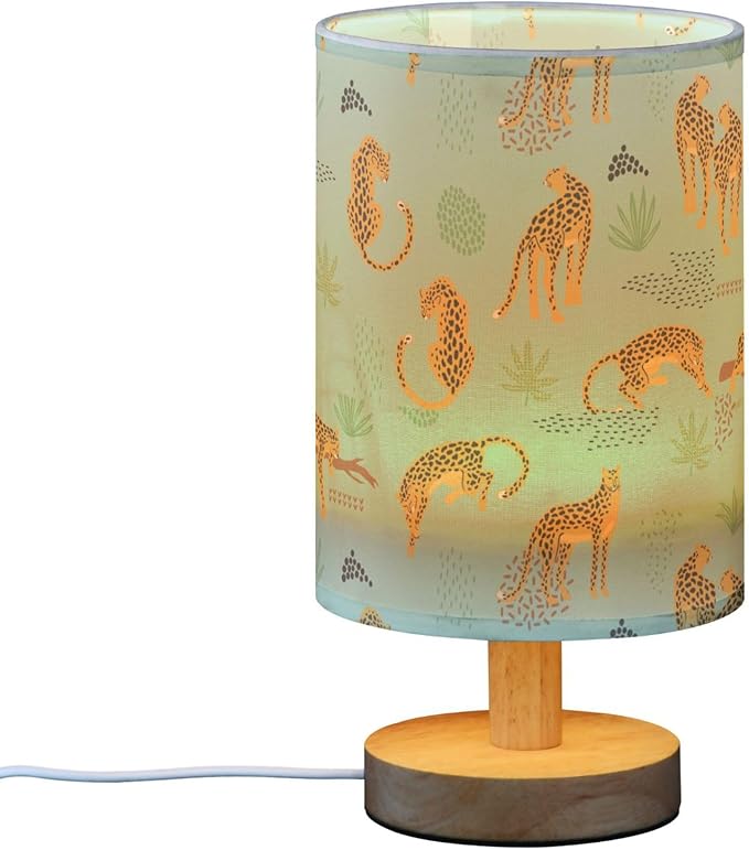 Table Lamp Vintage Cheetah Leopard Animal Tropical Palm Leaf Print Nightstand Lamp with Wood Base Fabric Lamp Shade Bedside Desk Lamp for Living Room Bedroom Kids Room Office