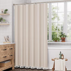 AmazerBath Boho Shower Curtain for Bathroom, 72x72 Beige Shower Curtain with Tassels, Modern Farmhouse Shower Curtain Set with Hooks, Neutral Faux Linen Light Tan Toned, Water Repellent