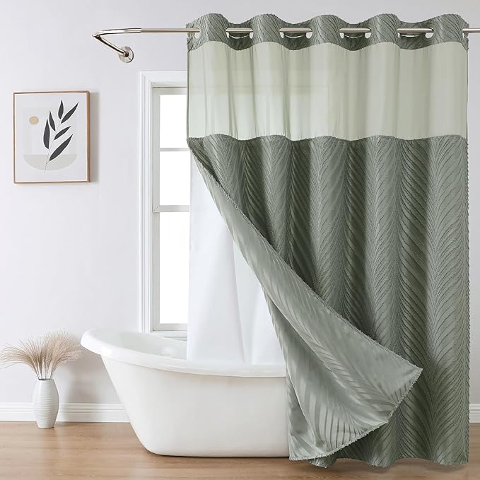 no Hook Shower Curtain and Liner Set，Boho Style with See Through Top Window, SageGreen Fabric Tufted Striped Textured Outer Curtain & Waterproof Inner Liner, SageGreen, 71Wx74H