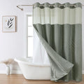 no Hook Shower Curtain and Liner Set，Boho Style with See Through Top Window, Black Fabric Tufted Striped Textured Outer Curtain & Waterproof Inner Liner, SageGreen, 71Wx80H